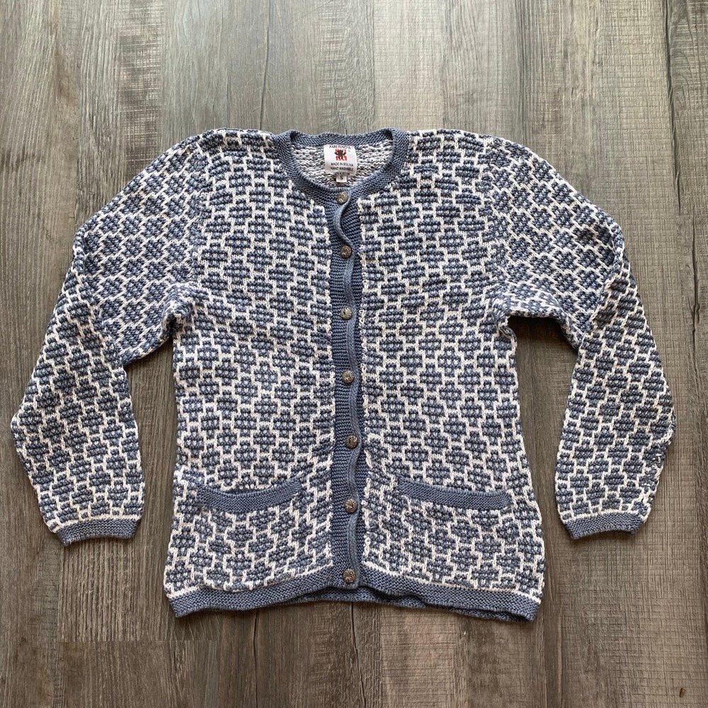 Peruvian 100% Cotton Hand Knit Cardigan Sweater Grandma Size S